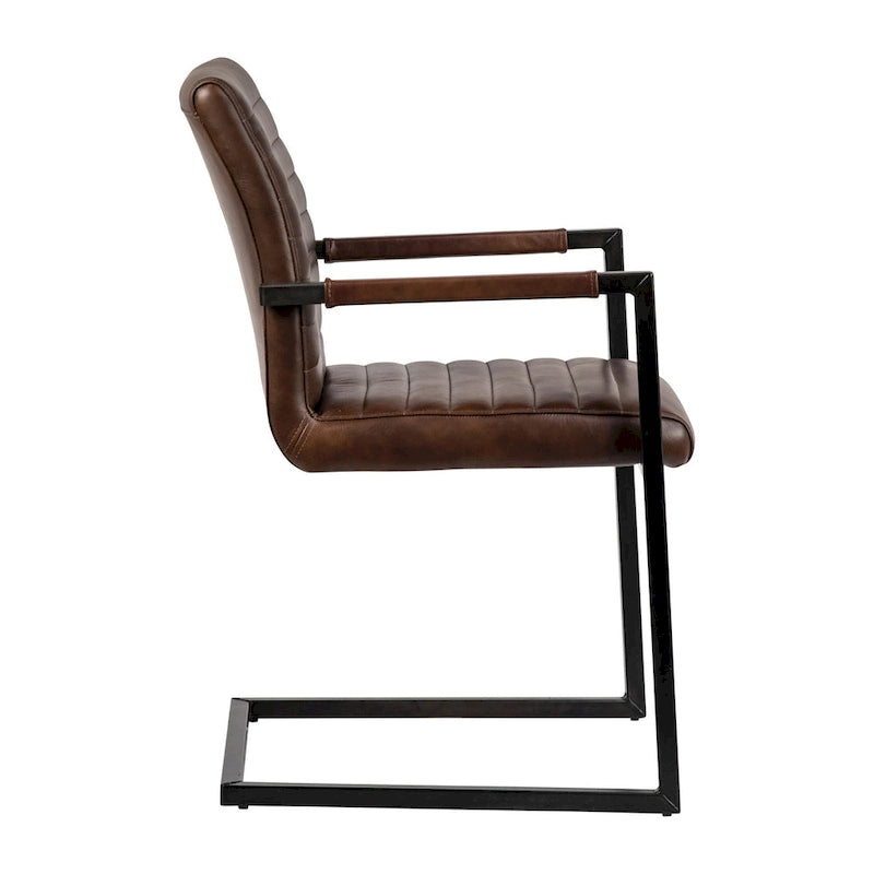 Full Grain Leather Dining Arm Chair – Black / Vintage Brown, Steel Frame, Channel Tufted, Single