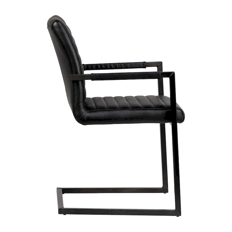 Full Grain Leather Dining Arm Chair – Black / Vintage Brown, Steel Frame, Channel Tufted, Single