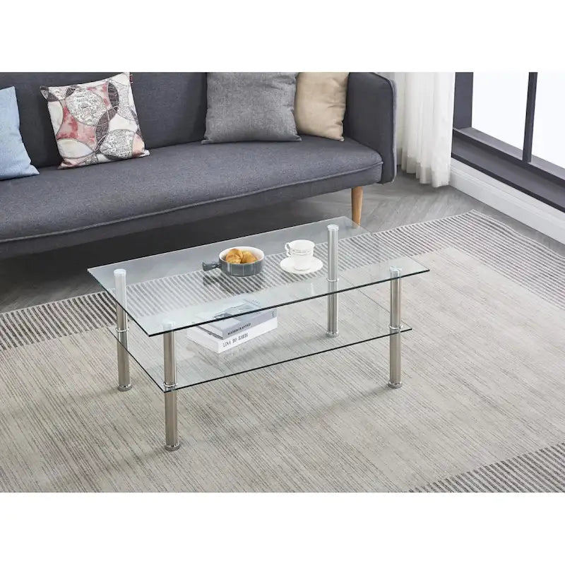 2-Tier Round Tempered Glass Coffee Table – Transparent, Iron Frame, Modern Style, Single