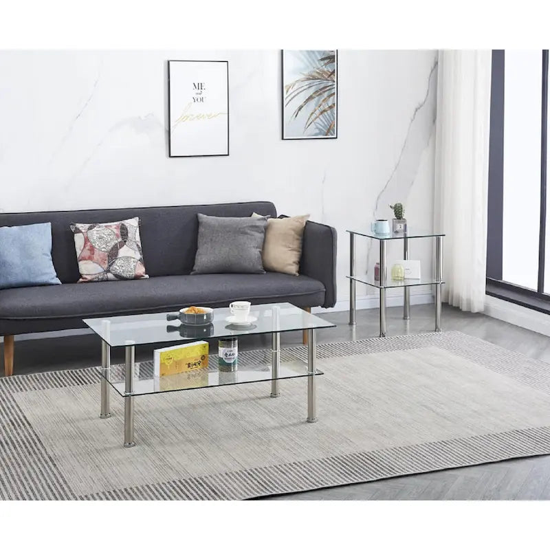 2-Tier Round Tempered Glass Coffee Table – Transparent, Iron Frame, Modern Style, Single