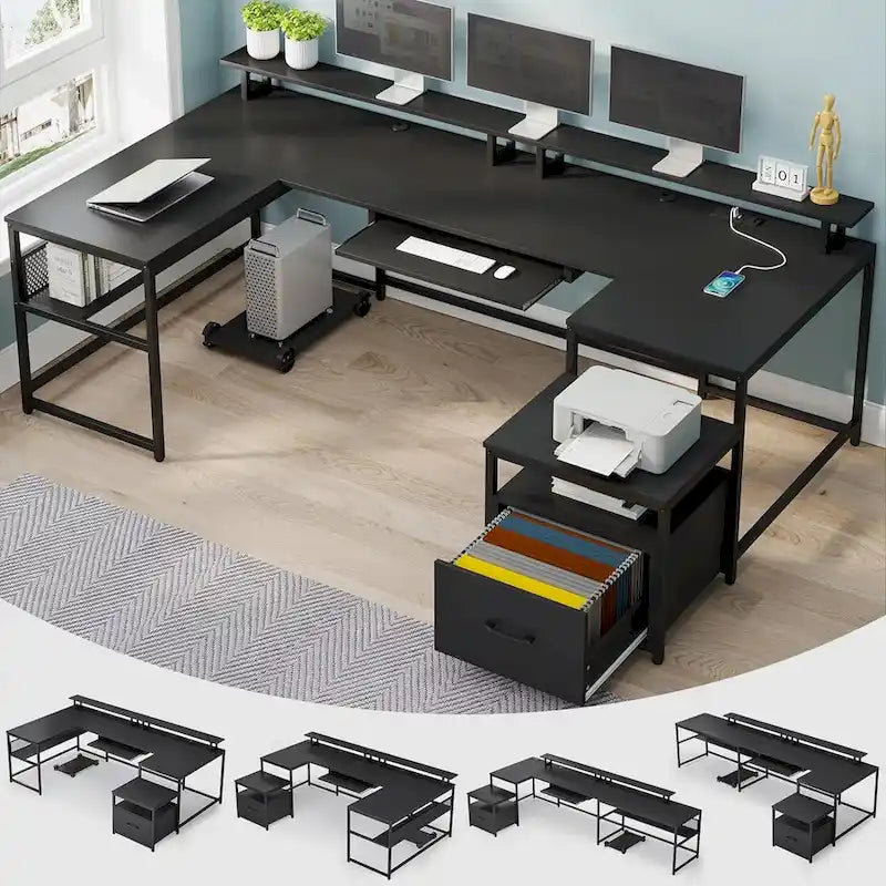 U-Shaped / L-Shaped Computer Desk with File Drawer, Monitor Shelf & Power Outlet – Black, 4-Way Configuration, Single