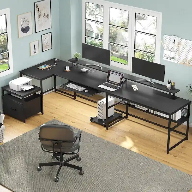 U-Shaped / L-Shaped Computer Desk with File Drawer, Monitor Shelf & Power Outlet – Black, 4-Way Configuration, Single