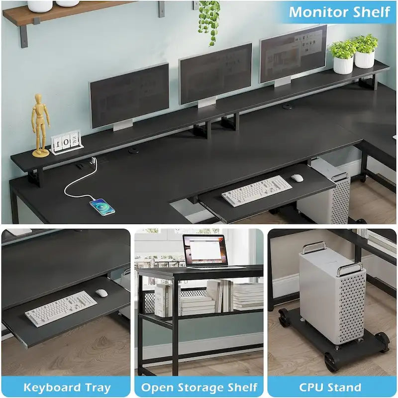 U-Shaped / L-Shaped Computer Desk with File Drawer, Monitor Shelf & Power Outlet – Black, 4-Way Configuration, Single