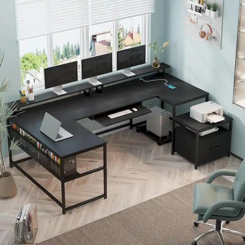 U-Shaped / L-Shaped Computer Desk with File Drawer, Monitor Shelf & Power Outlet – Black, 4-Way Configuration, Single