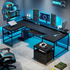 U-Shaped / L-Shaped Computer Desk with File Drawer, Monitor Shelf & Power Outlet – Black, 4-Way Configuration, Single