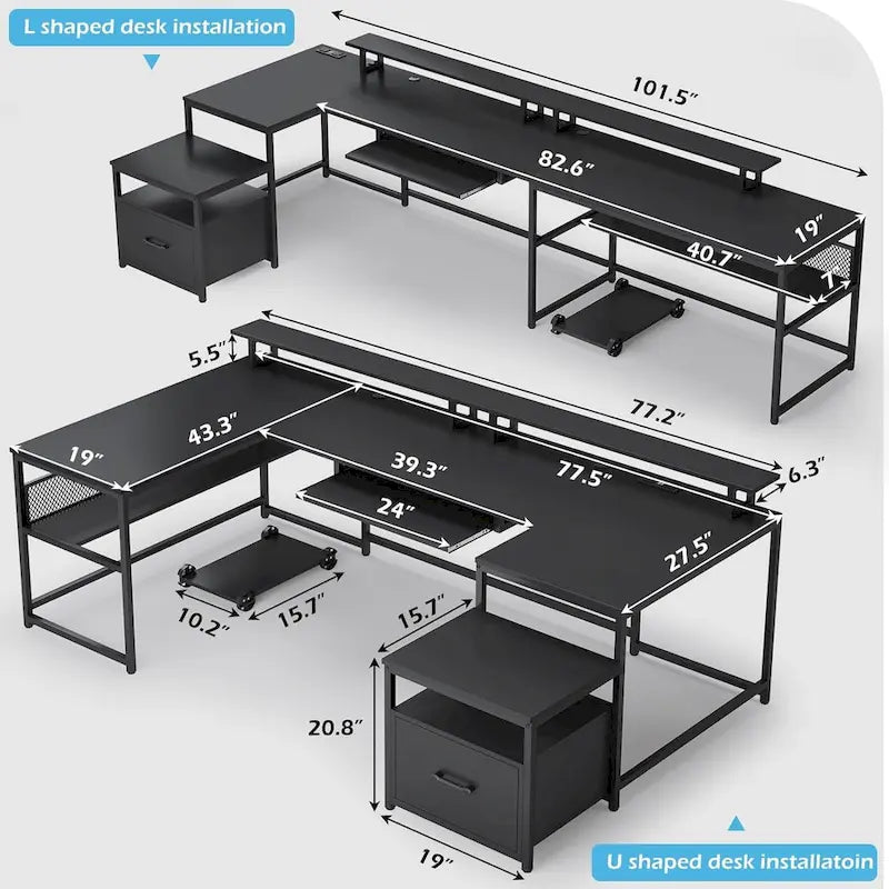 U-Shaped / L-Shaped Computer Desk with File Drawer, Monitor Shelf & Power Outlet – Black, 4-Way Configuration, Single