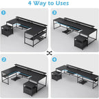 U-Shaped / L-Shaped Computer Desk with File Drawer, Monitor Shelf & Power Outlet – Black, 4-Way Configuration, Single