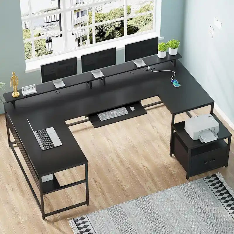 U-Shaped / L-Shaped Computer Desk with File Drawer, Monitor Shelf & Power Outlet – Black, 4-Way Configuration, Single