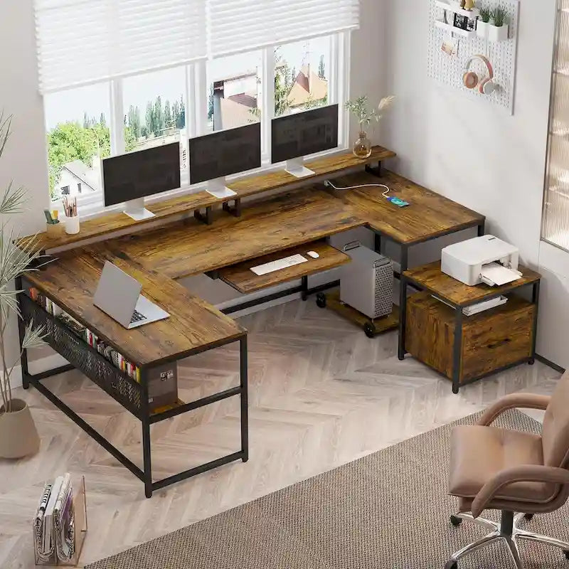 U-Shaped / L-Shaped Computer Desk with File Drawer, Monitor Shelf & Power Outlet – Black, 4-Way Configuration, Single