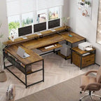 U-Shaped / L-Shaped Computer Desk with File Drawer, Monitor Shelf & Power Outlet – Black, 4-Way Configuration, Single