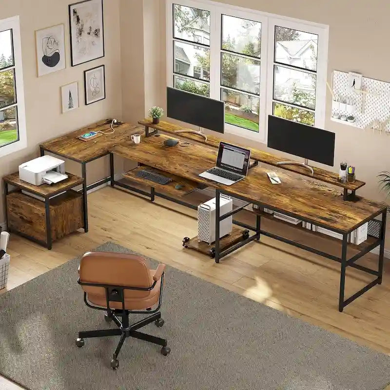 U-Shaped / L-Shaped Computer Desk with File Drawer, Monitor Shelf & Power Outlet – Black, 4-Way Configuration, Single