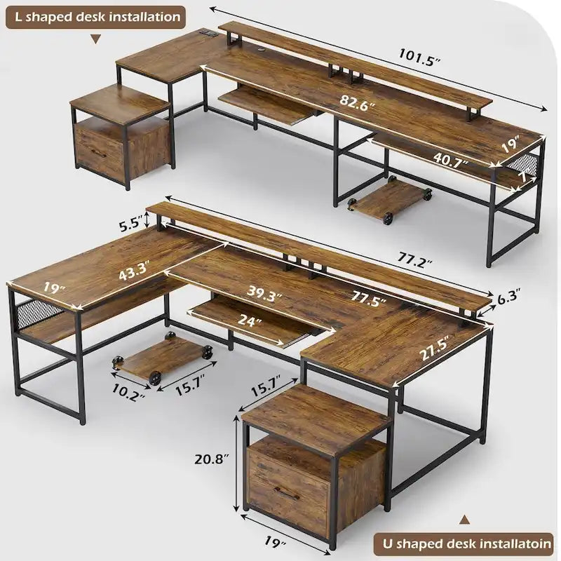 U-Shaped / L-Shaped Computer Desk with File Drawer, Monitor Shelf & Power Outlet – Black, 4-Way Configuration, Single