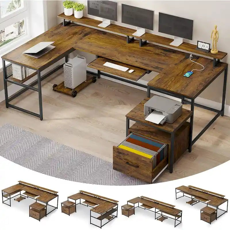 U-Shaped / L-Shaped Computer Desk with File Drawer, Monitor Shelf & Power Outlet – Black, 4-Way Configuration, Single