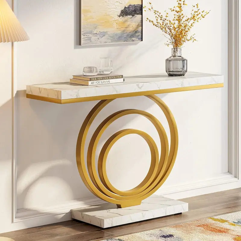 41" Faux Marble Console Table – White & Gold, Steel Frame, Modern Style, Single