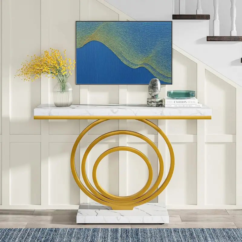 41" Faux Marble Console Table – White & Gold, Steel Frame, Modern Style, Single