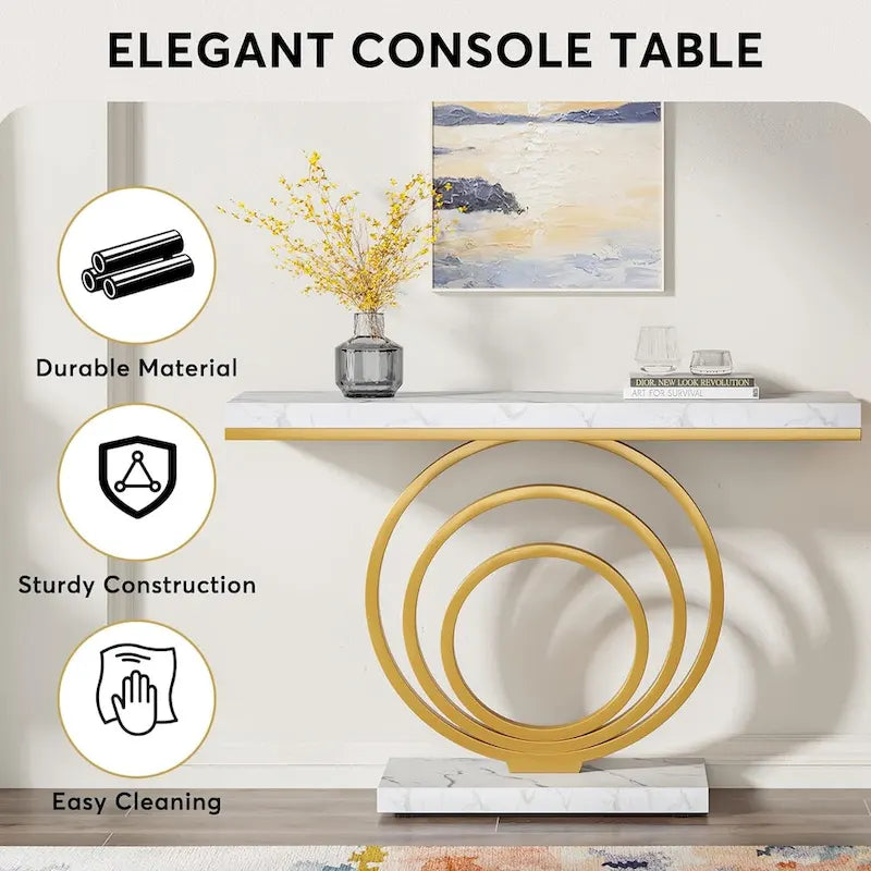 41" Faux Marble Console Table – White & Gold, Steel Frame, Modern Style, Single