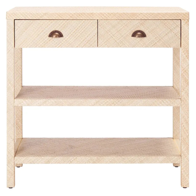 Raffia Console Table – Light Natural / Gold, Woven Texture, 2 Drawers & 2 Shelves, Single