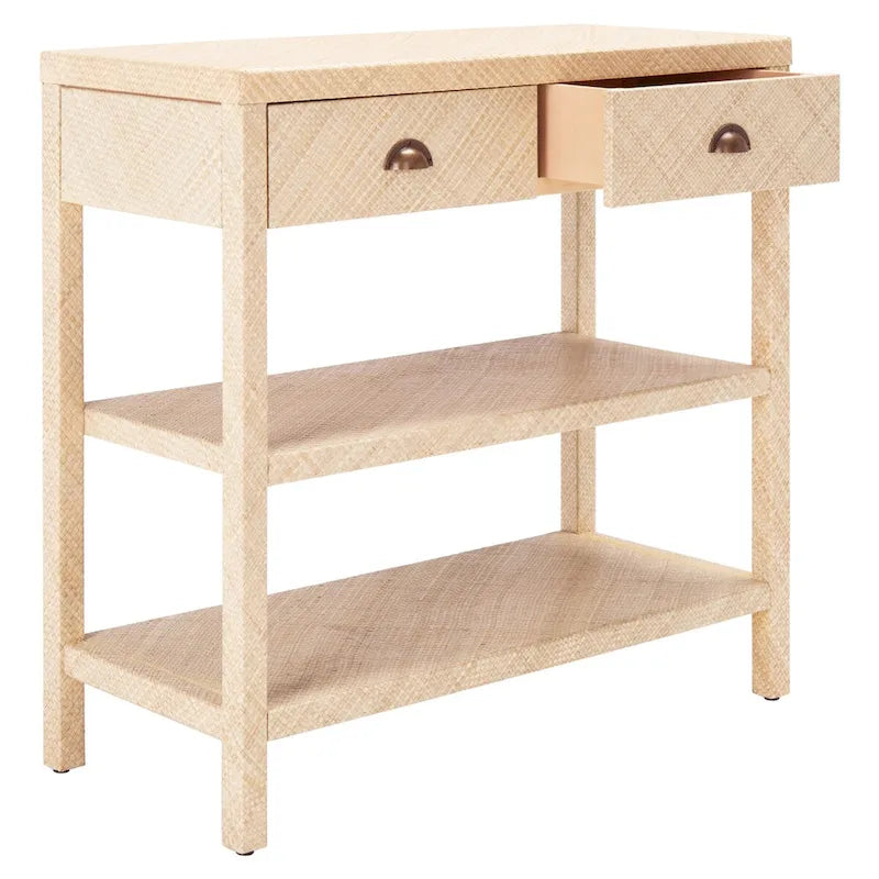 Raffia Console Table – Light Natural / Gold, Woven Texture, 2 Drawers & 2 Shelves, Single