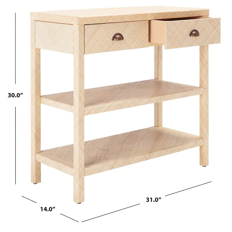 Raffia Console Table – Light Natural / Gold, Woven Texture, 2 Drawers & 2 Shelves, Single