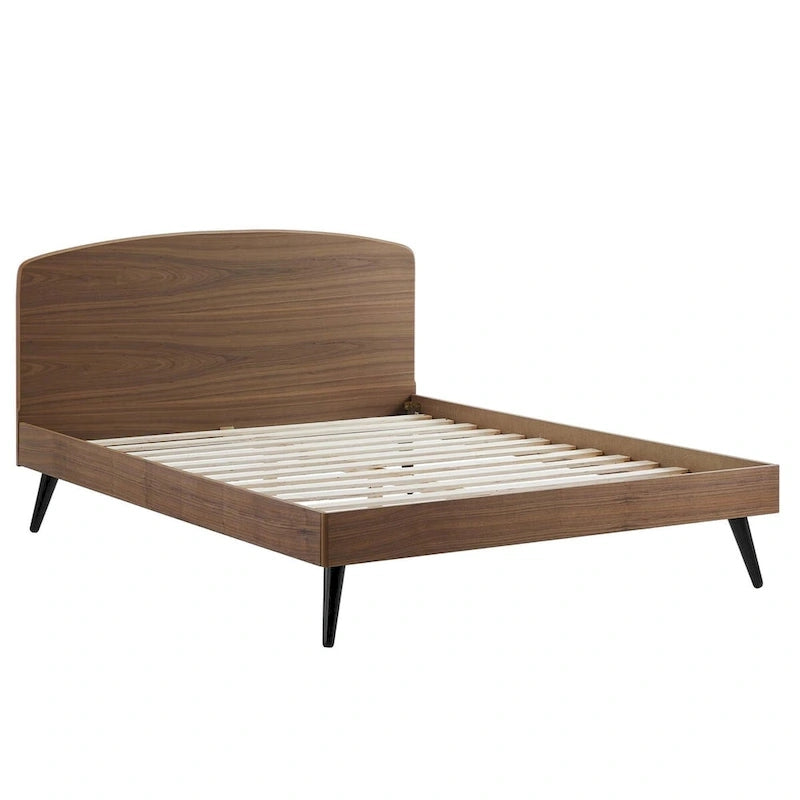 King Wood Platform Bed with Arched Headboard – Walnut, Rubberwood & MDF, Mid-Century Style, Single