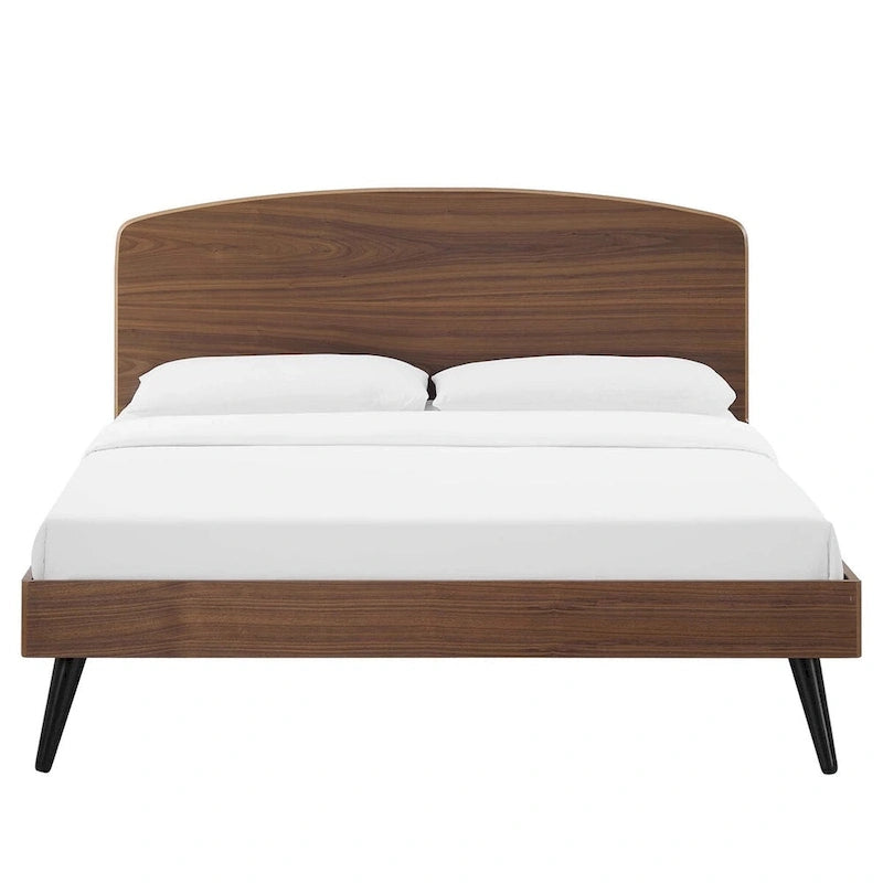 King Wood Platform Bed with Arched Headboard – Walnut, Rubberwood & MDF, Mid-Century Style, Single