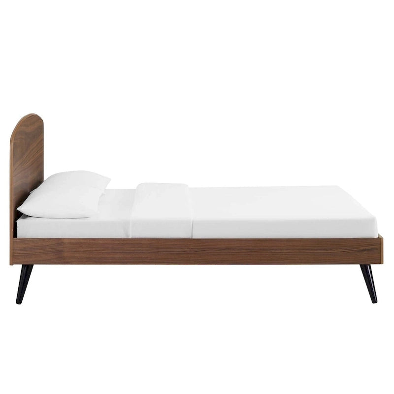 King Wood Platform Bed with Arched Headboard – Walnut, Rubberwood & MDF, Mid-Century Style, Single