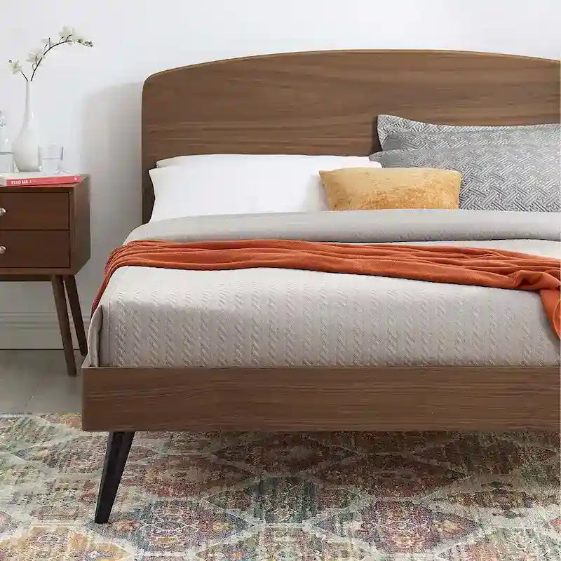 King Wood Platform Bed with Arched Headboard – Walnut, Rubberwood & MDF, Mid-Century Style, Single