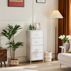 4-Drawer Fabric Dresser with Wood Top – Brown / White / Grey, Metal Frame, Single