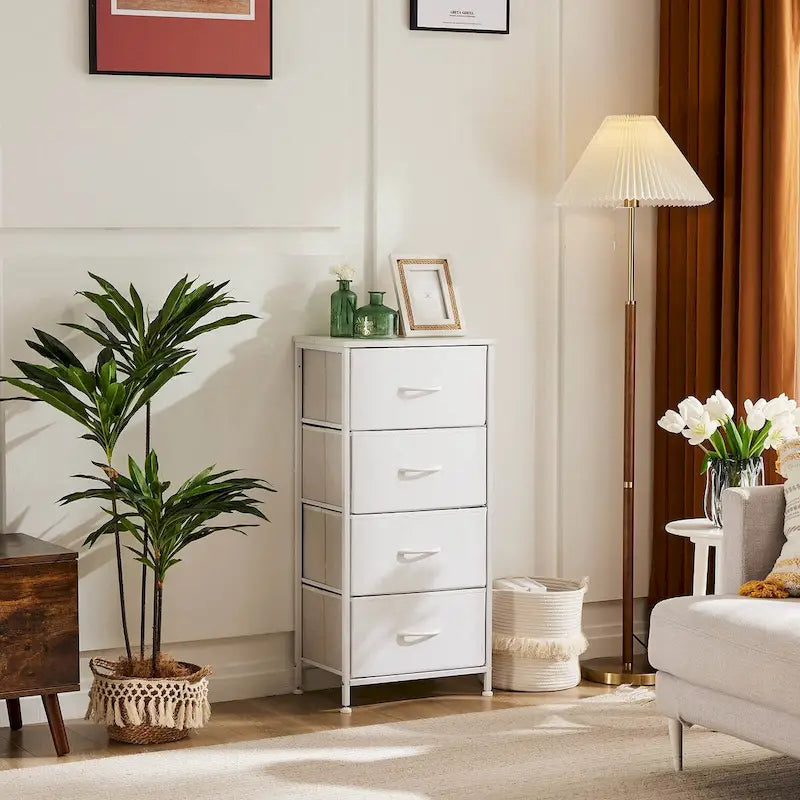 4-Drawer Fabric Dresser with Wood Top – Brown / White / Grey, Metal Frame, Single