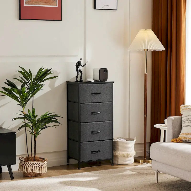 4-Drawer Fabric Dresser with Wood Top – Brown / White / Grey, Metal Frame, Single