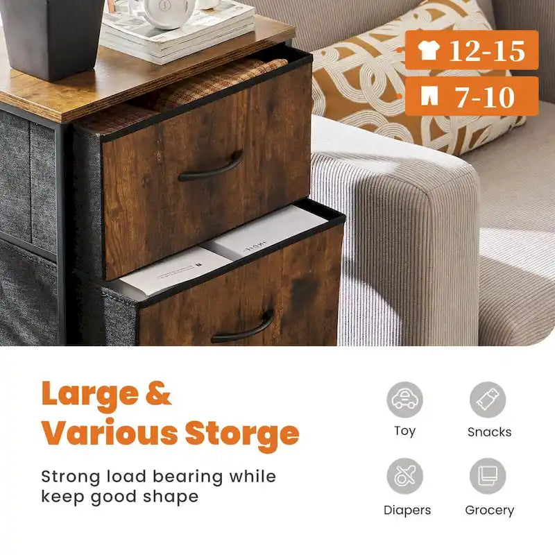 4-Drawer Fabric Dresser with Wood Top – Brown / White / Grey, Metal Frame, Single