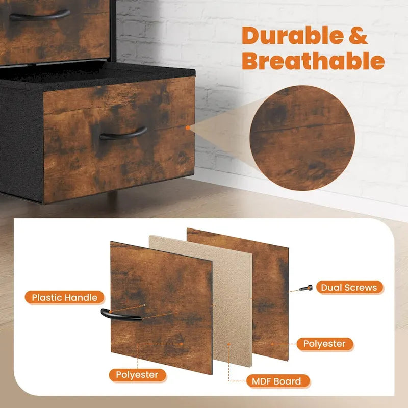 4-Drawer Fabric Dresser with Wood Top – Brown / White / Grey, Metal Frame, Single