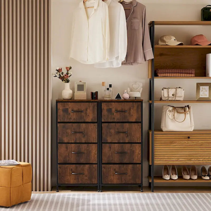 4-Drawer Fabric Dresser with Wood Top – Brown / White / Grey, Metal Frame, Single