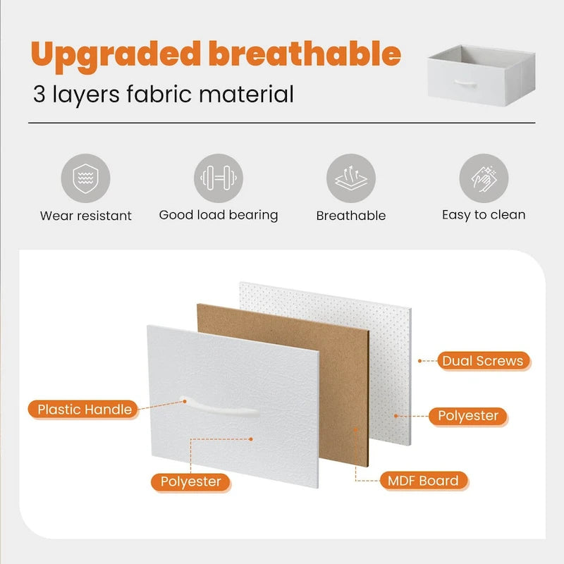 4-Drawer Fabric Dresser with Wood Top – Brown / White / Grey, Metal Frame, Single
