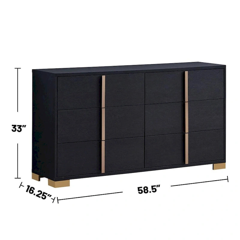 6-Drawer Wooden Dresser – Black & Gold / White & Gold, Metal Bar Pulls, Single