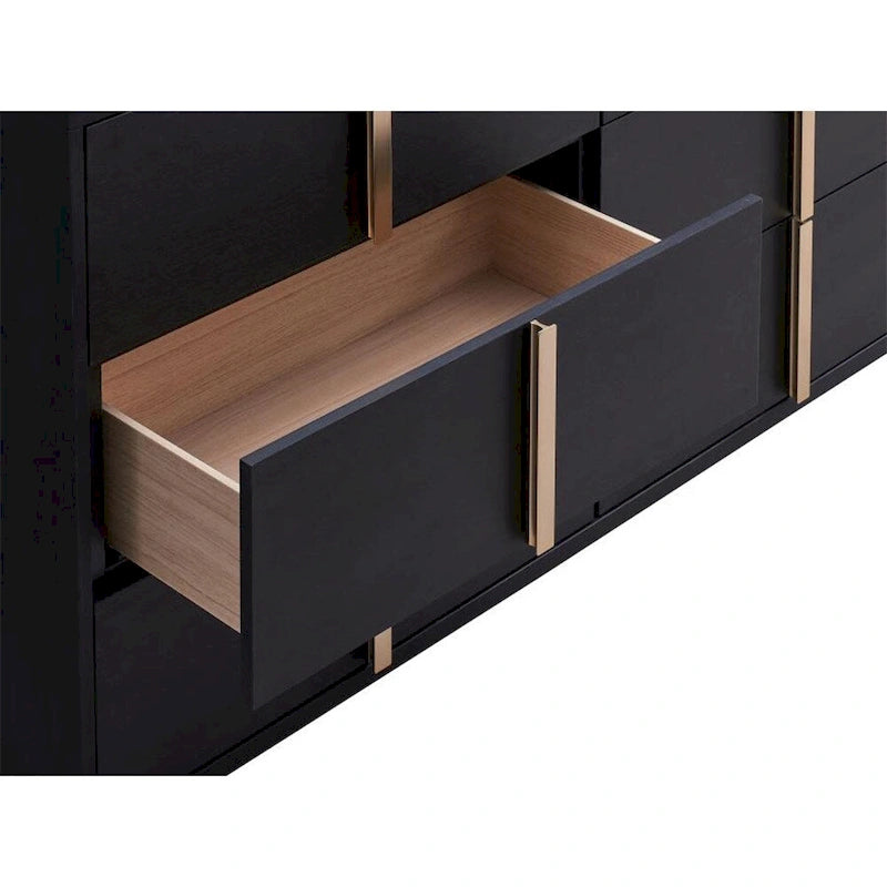 6-Drawer Wooden Dresser – Black & Gold / White & Gold, Metal Bar Pulls, Single
