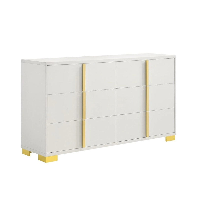 6-Drawer Wooden Dresser – Black & Gold / White & Gold, Metal Bar Pulls, Single