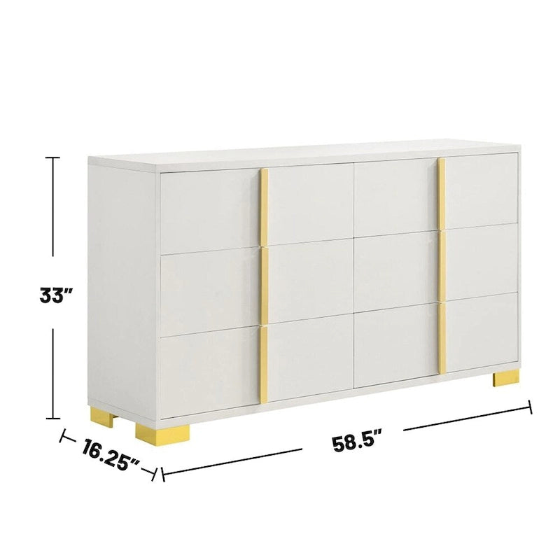 6-Drawer Wooden Dresser – Black & Gold / White & Gold, Metal Bar Pulls, Single