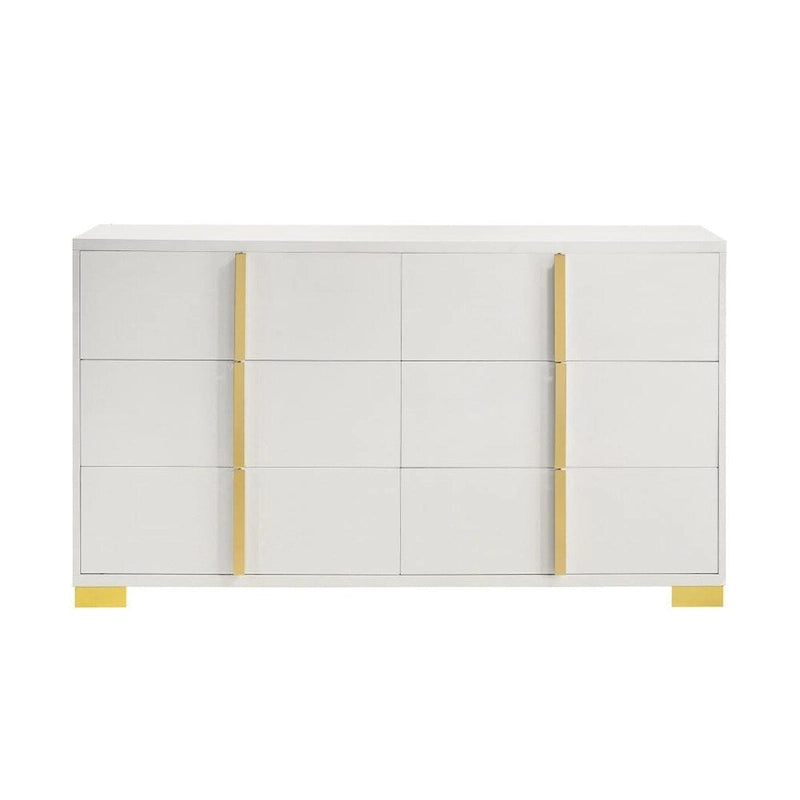 6-Drawer Wooden Dresser – Black & Gold / White & Gold, Metal Bar Pulls, Single