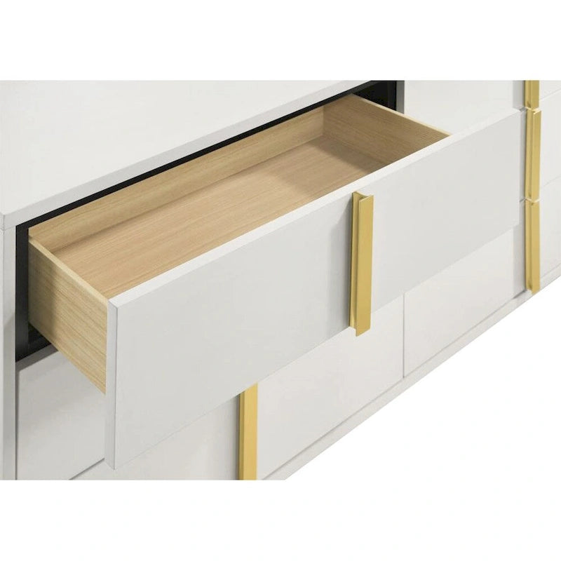 6-Drawer Wooden Dresser – Black & Gold / White & Gold, Metal Bar Pulls, Single