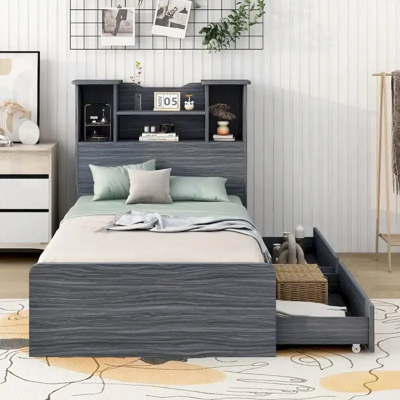 Twin Storage Platform Bed with 4-Shelf Headboard & 2 Drawers – Grey / White, Pine & MDF, Single