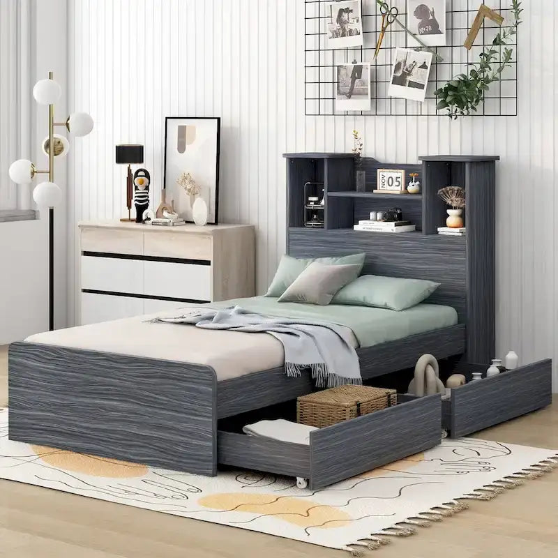 Twin Storage Platform Bed with 4-Shelf Headboard & 2 Drawers – Grey / White, Pine & MDF, Single