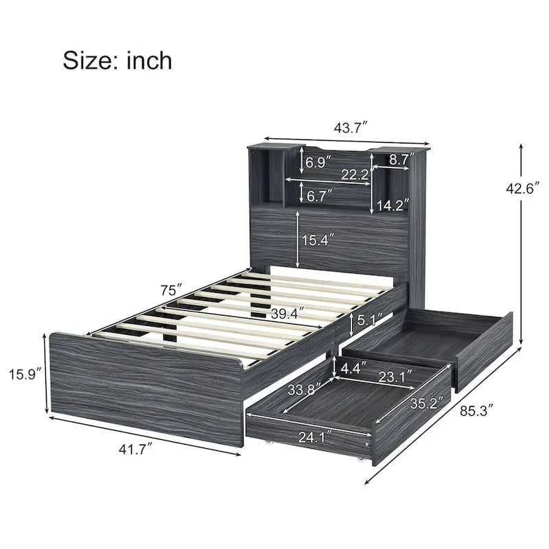 Twin Storage Platform Bed with 4-Shelf Headboard & 2 Drawers – Grey / White, Pine & MDF, Single