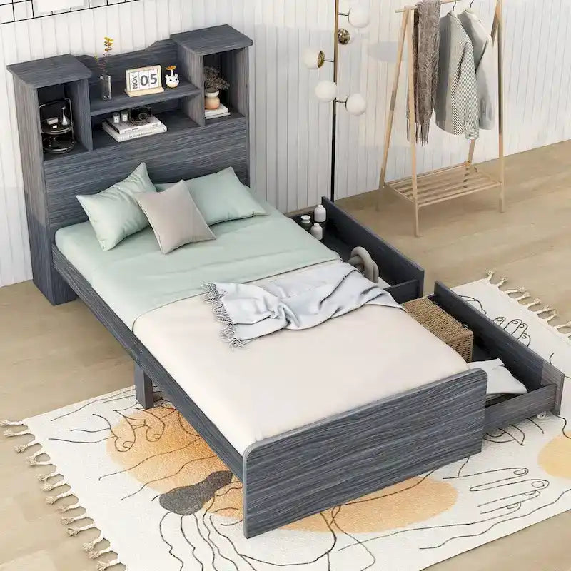 Twin Storage Platform Bed with 4-Shelf Headboard & 2 Drawers – Grey / White, Pine & MDF, Single