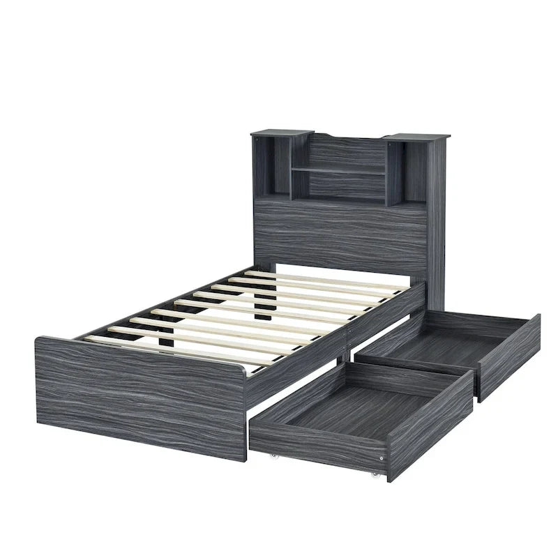 Twin Storage Platform Bed with 4-Shelf Headboard & 2 Drawers – Grey / White, Pine & MDF, Single