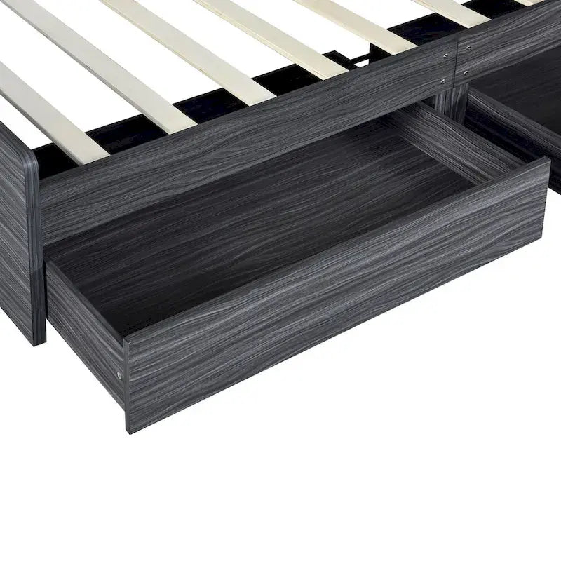Twin Storage Platform Bed with 4-Shelf Headboard & 2 Drawers – Grey / White, Pine & MDF, Single