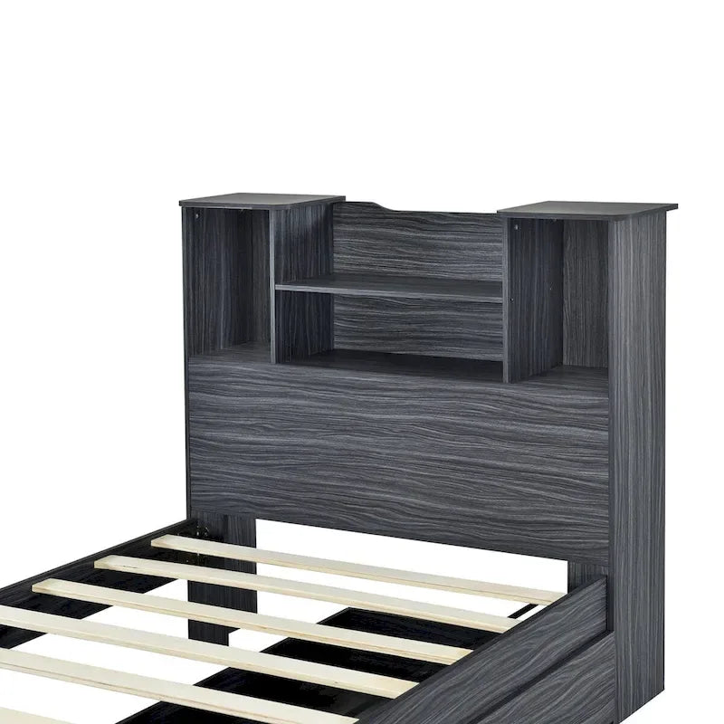 Twin Storage Platform Bed with 4-Shelf Headboard & 2 Drawers – Grey / White, Pine & MDF, Single