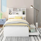 Twin Storage Platform Bed with 4-Shelf Headboard & 2 Drawers – Grey / White, Pine & MDF, Single