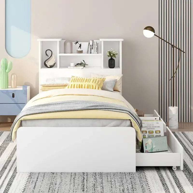 Twin Storage Platform Bed with 4-Shelf Headboard & 2 Drawers – Grey / White, Pine & MDF, Single