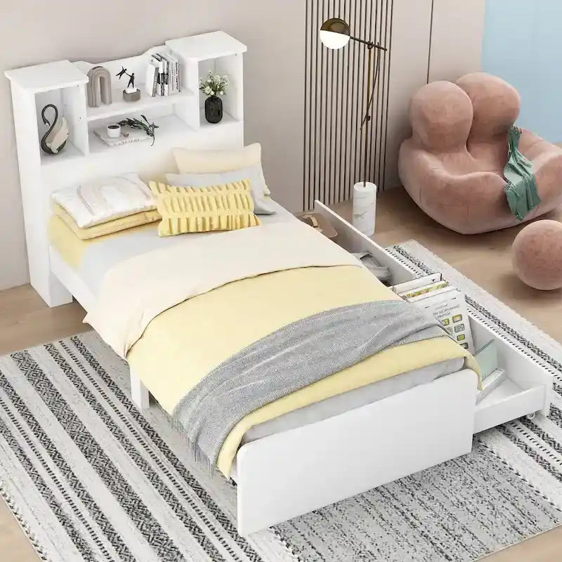 Twin Storage Platform Bed with 4-Shelf Headboard & 2 Drawers – Grey / White, Pine & MDF, Single